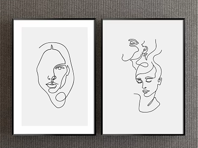 Two Framed Line Art Portrait Paintings Hanging On Gray Wall Decor 3d model