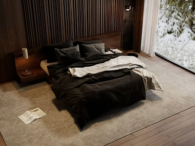 Double Bed In Modern Bedroom With Wooden Panel Wall Black Bedding And Snowy View 3d model