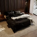 Double Bed In Modern Bedroom With Wooden Panel Wall Black Bedding And Snowy View