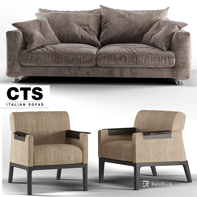 Modern Brown Fabric Double Sofa With Matching Beige Armchairs Italian Design 3d model 