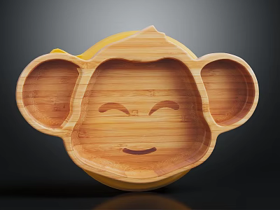 Cute Monkey Shaped Bamboo Household Tray With Smiley Face And Ear Shaped Divided Compartments 3d model