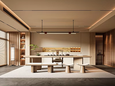 Japanese Zen Tea Room Interior With Long Wooden Table Tea Sets And Potted Plant 3d model