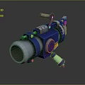 Blue 3D Sci Fi Weapon Cannon With Metallic Barrel Green Glowing Part And Yellow Label 3d model