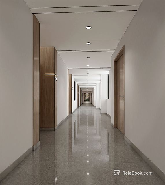 Modern Hotel Corridor With Wooden Panels Polished Floor And Recessed Lighting 3d model 