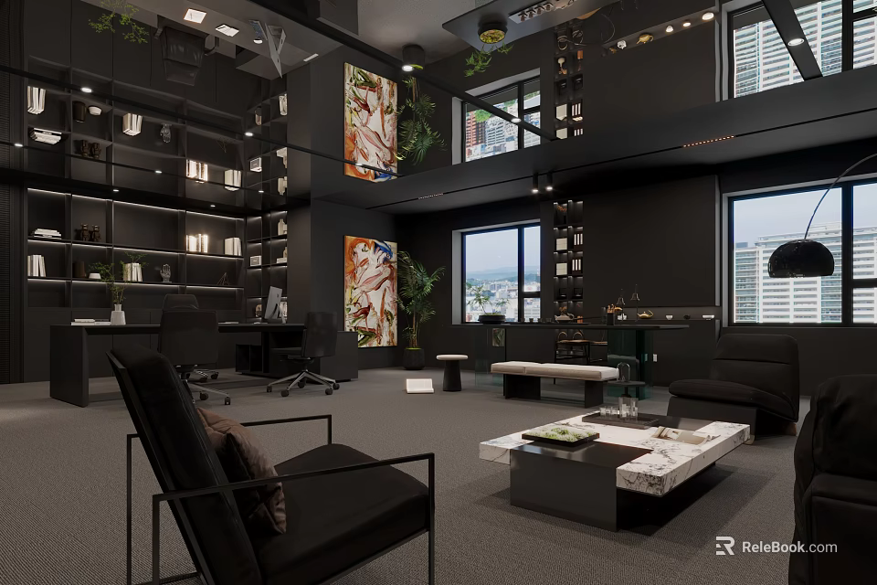 Modern Black Office Interior With Large Windows Marble Coffee Table And Plants 3d model 