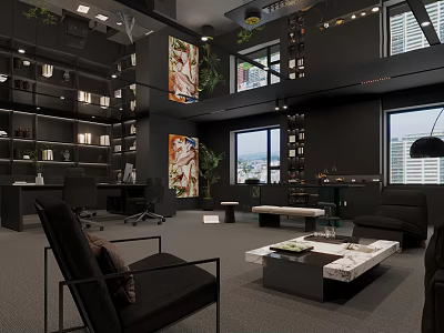 Modern Black Office Interior With Large Windows Marble Coffee Table And Plants 3d model
