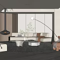 Modern Living Room Interior Design With Hanging Fireplace Light Sofa Floor Lamp And Geometric Rug