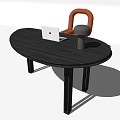 Modern Black Oval Desk With Laptop Table Lamp And Orange Chair