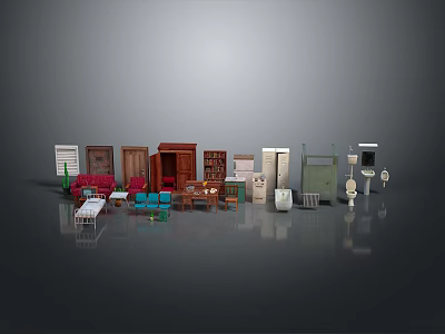 Colorful Furniture Models With Different Styles Including Cabinets Chairs Tables And Shelves On Gray Background 3d model