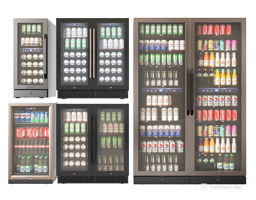 Multiple Commercial Display Refrigerators With Glass Doors Stocked With Various Beverages 3d model 