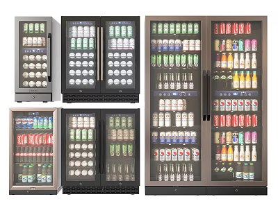 Multiple Commercial Display Refrigerators With Glass Doors Stocked With Various Beverages 3d model