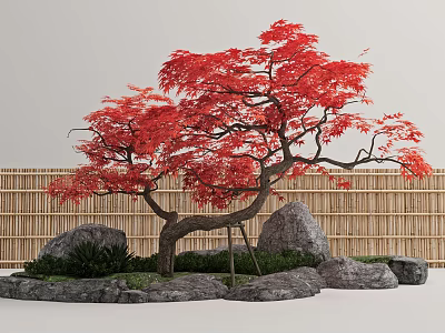 Beautiful Red Leaf Tree In Landscape With Bamboo Fence Rocks And Small Plants 3d model