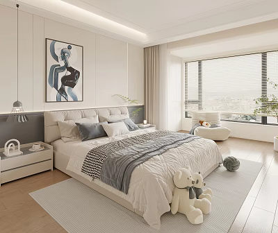 Kids Room Interior with Bed Stuffed Toys Light Colored Decor and Window Curtains 3d model