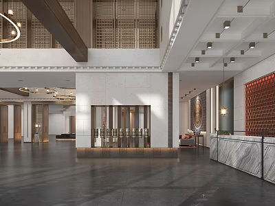 Elegant Modern Hotel Lobby Featuring Marble Reception Desk And Decorative Chandeliers 3d model