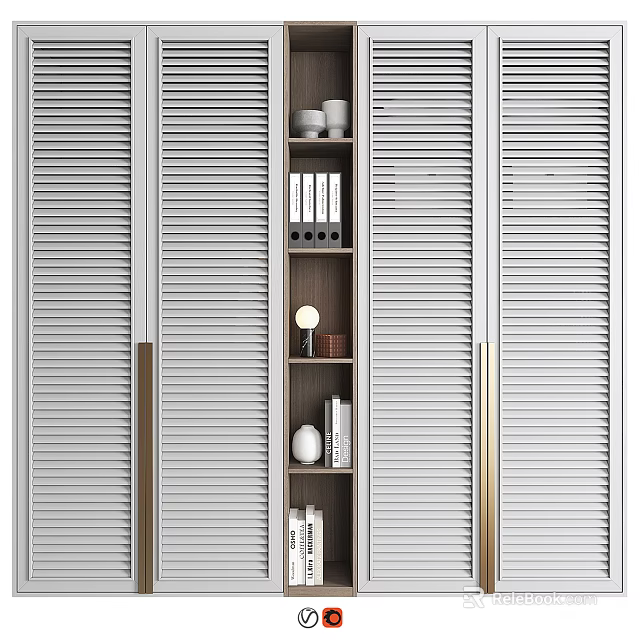 Modern Wooden Storage Cabinet with Shutter Doors Gold Accents and Internal Books Decor 3d model 