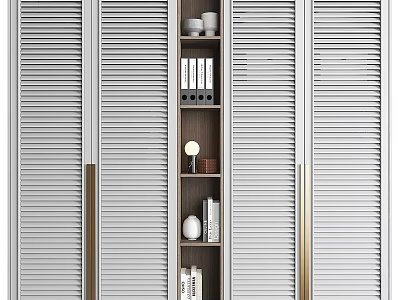 Modern Wooden Storage Cabinet with Shutter Doors Gold Accents and Internal Books Decor 3d model