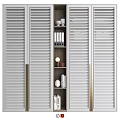Modern Wooden Storage Cabinet with Shutter Doors Gold Accents and Internal Books Decor