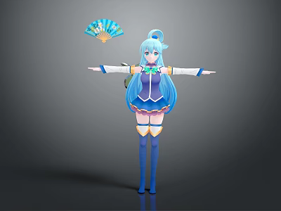 3D Model Anime Style Game Character With Light Blue Hair Blue Dress And Decorative Fan 3d model