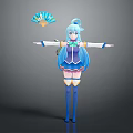 3D Model Anime Style Game Character With Light Blue Hair Blue Dress And Decorative Fan