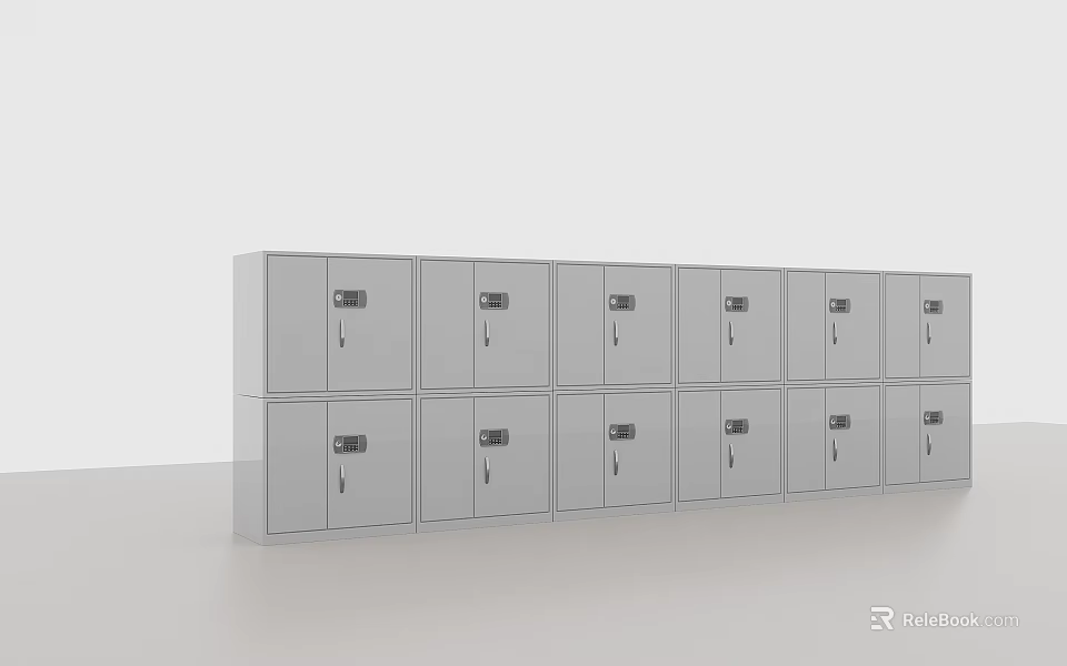 Modern White Bookcase With Multiple Locked Doors Arranged In Rows 3d model