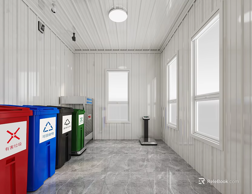 Waste Sorting Room With Color Coded Recycling Bins Marble Floor And Windows 3d model 
