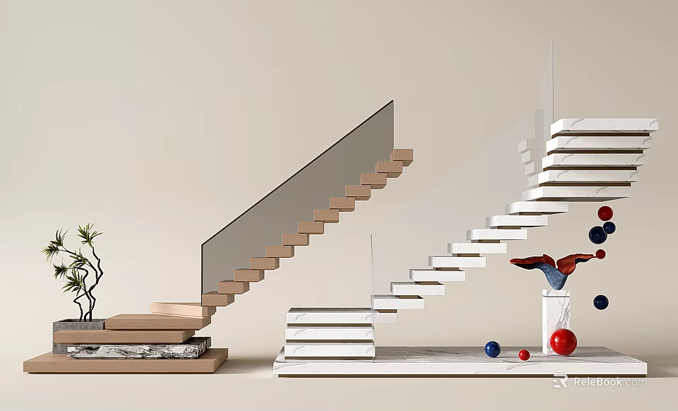 Two Modern Staircases With Wooden Steps Glass Railing Decorative Vase Plant And Colorful Spheres 3d model 