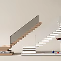 Two Modern Staircases With Wooden Steps Glass Railing Decorative Vase Plant And Colorful Spheres
