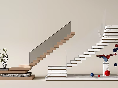 Two Modern Staircases With Wooden Steps Glass Railing Decorative Vase Plant And Colorful Spheres 3d model