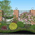 Colorful Flowering Shrubs in Garden with Brick Pillars Iron Fence and Green Lawn