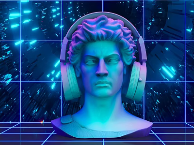 Cyberpunk Themed Photo Spot With Classical Statue Head Wearing Headphones And Neon Grid Background 3d model