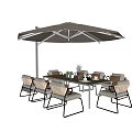 Modern Outdoor Dining Table With Brown Umbrella And Metal Frame Woven Chairs