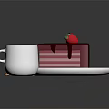 Strawberry Cake with Red Frosting and Strawberries on White Plate with Red Drink and Cookie