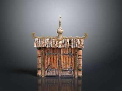 Traditional Wooden Building Model With Decorative Roof Cross Double Doors And Ornate Columns 3d model
