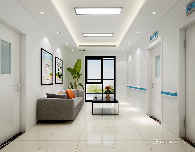 Modern Bright Leisure Area With Gray Sofa Coffee Table Plant Wall Paintings And Large Window 3d model 