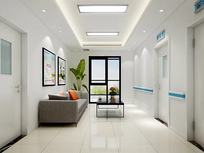 Modern Bright Leisure Area With Gray Sofa Coffee Table Plant Wall Paintings And Large Window 3d model