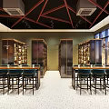 Modern Café Interior Design With Green Chairs Wooden Walls And Round Tables
