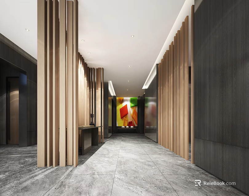 Modern Elevator Lobby With Wooden Panels Gray Marble Flooring And Lighting 3d model 