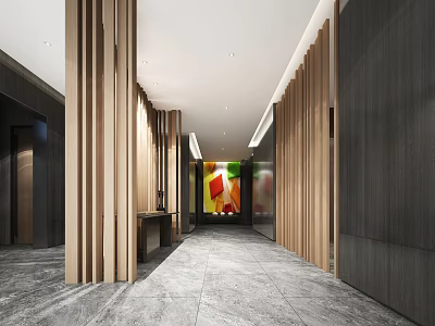Modern Elevator Lobby With Wooden Panels Gray Marble Flooring And Lighting 3d model