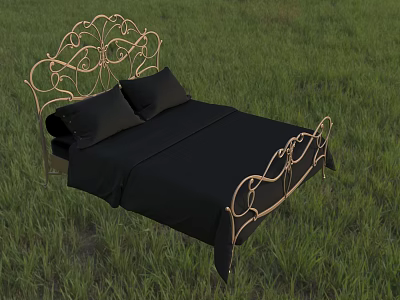 Ornate Golden Double Bed With Black Sheets And Pillows On Green Grass 3d model