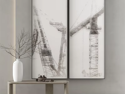 Interior Decor With Crane Paintings White Vase And Wooden Table On Gray Wall 3d model