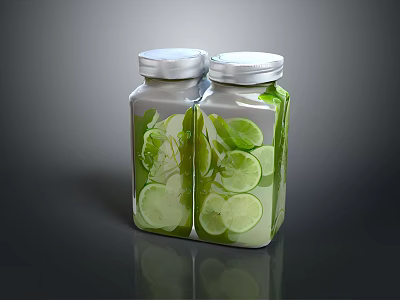 Refreshing Lime And Mint Infused Green Liquid In Glass Jars With Silver Lids 3d model