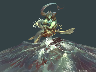 Mythical Warrior In Flowing Attire Battles Water Creature On Turbulent Waves With Broken Ships 3d model