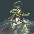 Mythical Warrior In Flowing Attire Battles Water Creature On Turbulent Waves With Broken Ships