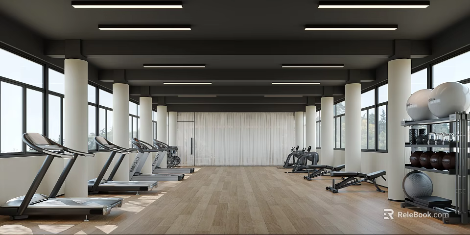 Modern Bright Fitness Gym With Treadmills Equipment Wooden Floor White Pillars And Strip Lights 3d model 