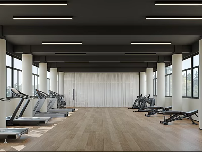 Modern Bright Fitness Gym With Treadmills Equipment Wooden Floor White Pillars And Strip Lights 3d model