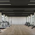 Modern Bright Fitness Gym With Treadmills Equipment Wooden Floor White Pillars And Strip Lights
