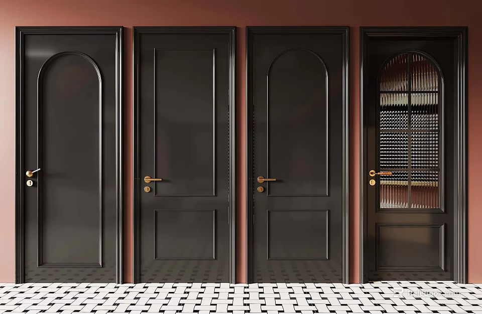 Various Black Doors With Different Designs Against Red Wall And Checkerboard Floor 3d model 