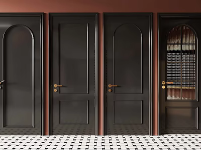 Various Black Doors With Different Designs Against Red Wall And Checkerboard Floor 3d model