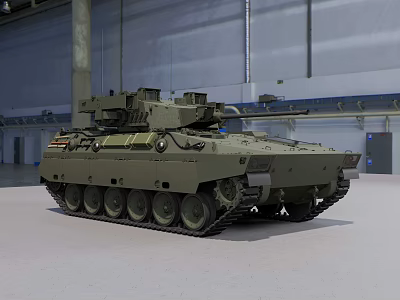 Green Military Tracked Armored Vehicle With Turret Cannon In Indoor Hangar 3d model