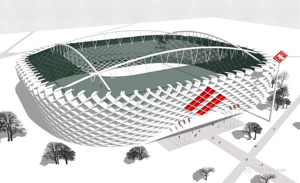 Modern Stadium Architectural Design With Unique Facade Green Roof And Red Elements 3d model